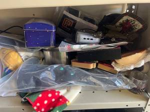 lot 29 image: Mixed Household Lot Clothing Textiles Tins Small Electronics Miscellaneous Items