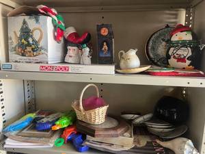 lot 38 image: Two Shelf lot of Christmas Tree Teapot Decorative Holiday Collection Lot and other home decor