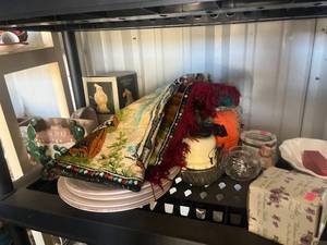 lot 43 image: Shelf lot of plates, pumpkin basket, plates, jars, glassware and other items hone accents