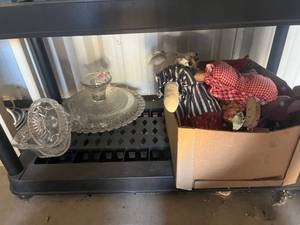 lot 44 image: Glassware Lot with Serving Dishes, Candleholders and Decorative Pieces Box of Dolls