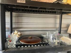 lot 48 image: Shelf with Contents Stein. Ceramic lid and some glassware