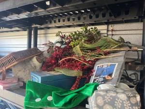 lot 52 image: Shelf lot of seasonal decor and Easy Care Oblong Tablecloth 60x108 Seats 8-12 152x274cm and much more
