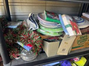 lot 54 image: Holiday Party Supplies Lot Plates Napkins Tinsel Decorations, Promotional Glassware