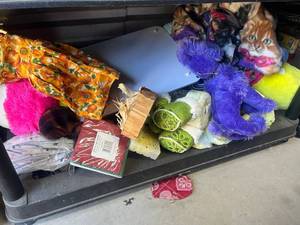 lot 55 image: Mixed Lot Plush Stuffed Animals Blanket Fabric Napkins Basket Assorted Items