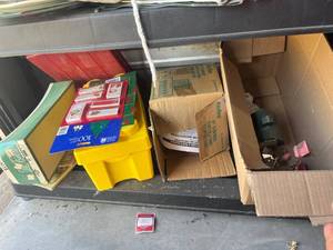 lot 56 image: Mixed Lot Christmas Items Plus Mark 100 Gift Trims La Belle Box Fan Box & Ornaments, Lego Bin is Empty