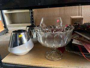 lot 62 image: Full shelf of items Glass Pedestal Bowl with Scalloped Rim and Two Metallic Trimmed Vessels