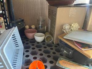 lot 67 image: Full shelf of items including hand sanitizer