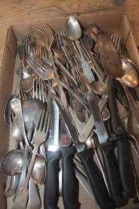 lot 3826 image: Flat of Misc. Vintage Silverware & More
