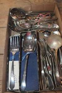 lot 3828 image: Flat of Misc. Serving Silverware and More