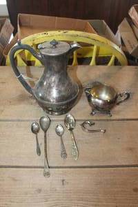 lot 3930 image: Vintage Silver Pitcher, Spoons and More