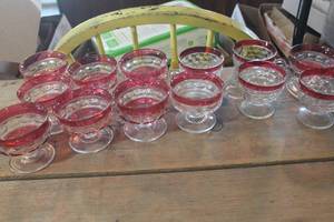 lot 3964 image: Vintage Red Band Glass Sherbert Bowls and More