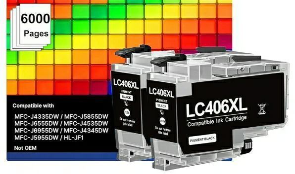 lot 27773 image: 2 Pack LC406XL Black Ink Compatible for Brother LC406 Ink Cartridges LC406 Ink Cartridges for Brother Printer Compatible with MFC-J4535DW MFC-J4335DW MFC-J5855DW MFC-J6555DW MFC-J6955DW - Retail $20