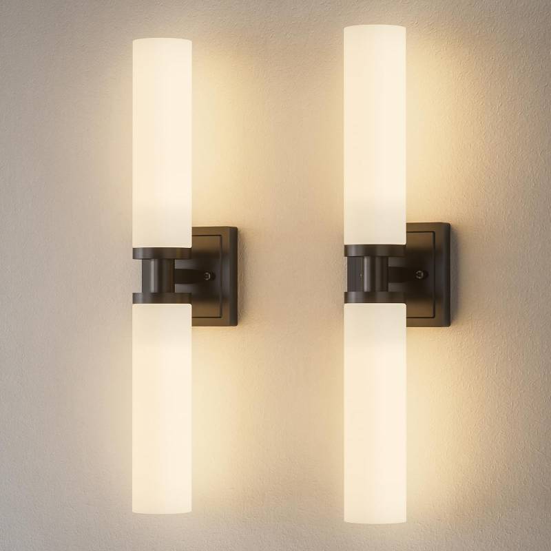 lot 38682 image: Keep Shinning Black Wall Sconces Set of Two, Modern Bathroom Sconce with Frosted Glass, Hardwired Wall Light Fixtures for Bathroom Living Room Bedroom Hallway (Bulbs Not Included) - Retail $70