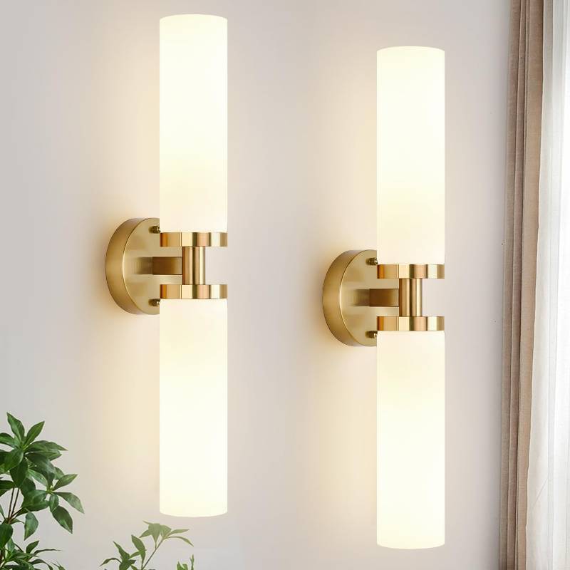 lot 38692 image: Wall Sconces Set of Two, Hardwired Brushed Gold Bathroom Sconces Wall Lighting with Milky White Glass, Modern Sconces Wall Decor Set of 2 Bathroom Light Fixtures for Mirror Living Room Hallway Bedroom - Retail $90
