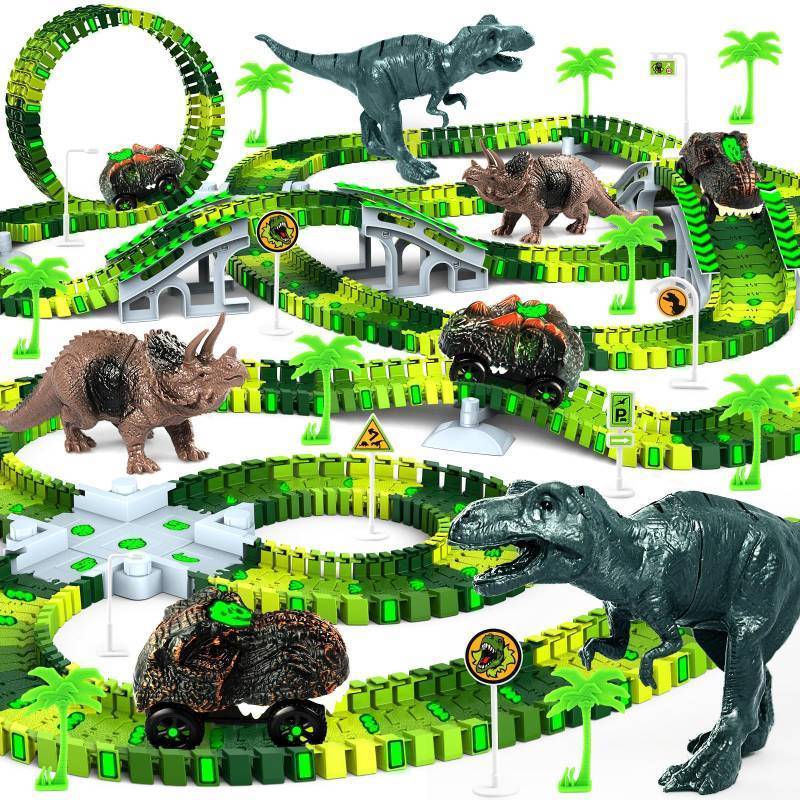 lot 38737 image: Dinosaur Toys for Kids 3-5, Glow in The Dark Flexible Train Track Playset, 2 Dinosaur Car for 3 4 5 6 7 Year & Up Old Boys & Girls Best Gift - Retail $36