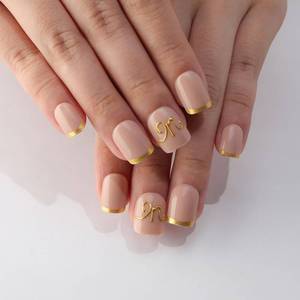 lot 29041 image: 2 Pack 3D Letter M Birthday Press On Nails, Gold French Tip Extra Short Square Reusable Soft Gel Fake Nails, Trendy Personalized Glossy Acrylic False Nails Personalized Gift for Women Birthday Party - Retail $14