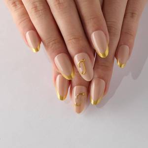 lot 29042 image: Birthday Press On Nails, 3D Letter J Gold French Tip Short Almond Fake Nails, Reusable Trendy Personalized Glossy Soft Gel Acrylic False Nails, Personalized Gift for Women Birthday Party - Retail $7