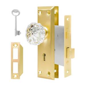 lot 29057 image: Mortise Lock Set for Interior Door - Vintage Crystal Glass Door Knobs with Skeleton Key & Polished GoldBrass Finish 2 Pack - Retail $58