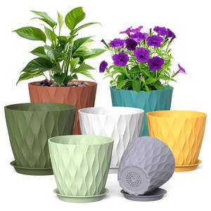 lot 29064 image: Meowell 76.565.554.54 inch Plant Pots for Indoor Outdoor Plants, 7 Pack Thick Flower Pots with Drainage Holes and Saucers, Modern Wave Texture Small Plastic Planters Nursery Pots, Multicolor - Retail $22