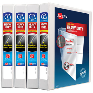 lot 29071 image: Avery Heavy Duty View 3 Ring Binders  1  One Touch Slant Ring  250-Sheet Capacity  1.4 inch Wide Spine  Great for Home  School Supplies  Office  or Organization Needs  White Binders (4-Pack of 79780) - Retail $27