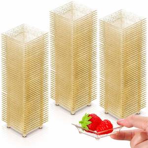 lot 29083 image: 200 Pcs Small Square Gold Glitter Dessert Plates 2.3 Inch Mini Plastic Appetizer Plates Square Party Salad Tasting Sample Bowls for Weddings, Parties, Banquet Dinner, Family Gatherings - Retail $22