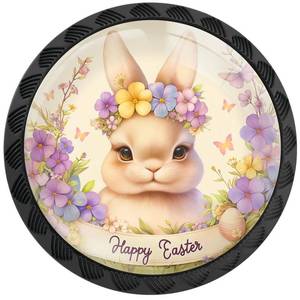 lot 29098 image: 2 packs of Artinhand 4 Pack Happy Easter Bunny with Floral Wreath Cabinet Knobs Round Drawer Pulls Black Dresser Knob Cupboard Door Handles Hardware for Kitchen Bathroom Cabinets - Retail $10