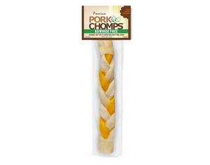 lot 29100 image: Pork Chomps Roasted Pork Skin Dog Chews, 8 in Braid, Peanut Butter, 1 CountOven-baked from real pork skin - a rawhide-free chew thats low in fat, high in protein, and easy to digest - Retail $7