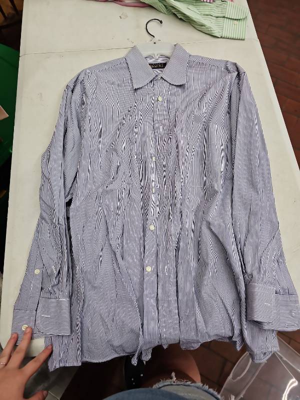 lot 63370 image: OSCC Bespoke Blue and White Striped Button-Down Dress Shirt - 15.5-34