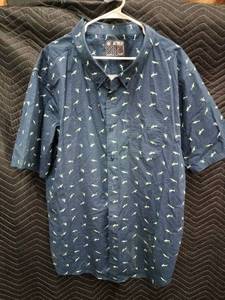 lot 33962 image: No Retreat Blue Sharks All Over Classic Fit Short Sleeve Front Button Shirt 2XLarge