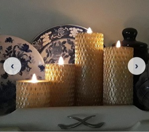 lot 3082 image: Home Reflections S4 Flameless Carved Diamond Glitter Pillars, Gold