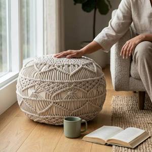 $99 NOORI Rug Home Cotton Round Knitted Macrame Pouf 20x20 Taupe(S121)