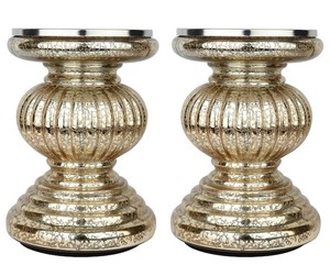 lot 3155 image: Set of 2 Mercury Glass Pillar Candle Stands, 9in, with LED