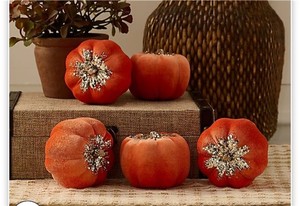 lot 3175 image: MULTI COLORS Set of 5 (3) Velvet Glitter Pumpkins by Valerie