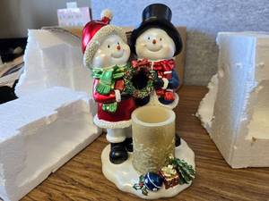 lot 3184 image: Kringle Express Snowman Couple Candle Holder With LED Candle, 12H