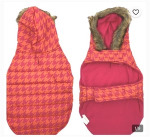 lot 3239 image: Isaac Mizrahi Live Fur-Hooded Puffer Coat, PinkOrange Houndstooth, M