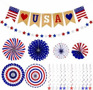 lot 22024 image: NextArt Patriotic Decorations Set, 20 PCS USA Banner, Fans & Hanging Swirls