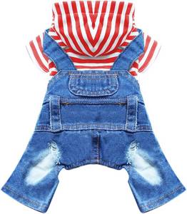 lot 22042 image: Small Dog Hoodie Jumpsuit Denim Stripe One-Piece Outfit (Red, M)