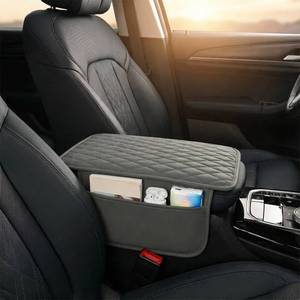 lot 22045 image: Car Center Console Cover Leather Armrest Pad, 2 Storage Bags, Gray