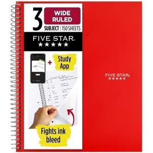 lot 22058 image: Five Star 3-Subject Wide Ruled Wirebound Notebook (04119) Random Color