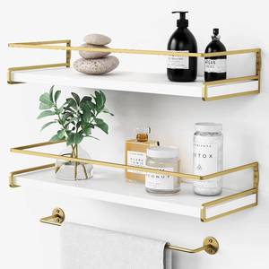 lot 22070 image: Forbena Floating Bathroom Shelves Wall Mounted - White & Gold, Set of 2