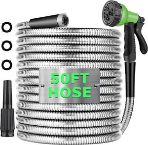 lot 22079 image: Metal Hose 50 FT, Stainless Steel Garden Hose with 10 Function Nozzle