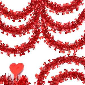lot 22117 image: 50FT Valentine Heart Tinsel Garland - Red Shiny Metallic Decor for Home