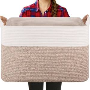 lot 22123 image: Extra Large Laundry Basket 95L, Woven Basket 24x17x14, BrownWhite