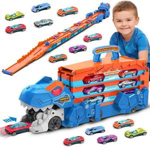 lot 22131 image: VATOS Truck Toy - Foldable Dinosaur Track, Portable Truck with 8 Cars