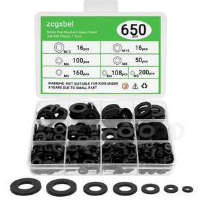lot 22207 image: 650-Piece Nylon Flat Washer Set, 7 Sizes (M3-M12) Black Plastic Assortment