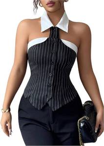 lot 22233 image: GORGLITTER Womens Striped Sleeveless Halter Backless Button Up Shirts Large