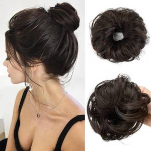 lot 22240 image: CJL HAIR 2pcs Small Messy Bun Hair Piece for Thin Hair Dark Brown