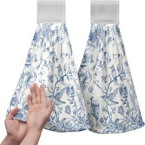 lot 22252 image: Blue Floral Bird Hanging Kitchen Towels, Chinoiserie Vintage Set of 2