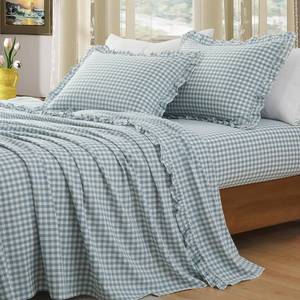 lot 22337 image: KKJIAF 4 Pieces Ruffle Gingham Sheets Set King Size, Dusty Blue Plaid