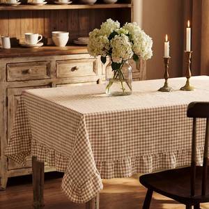 lot 22338 image: Mindsoft Brown Gingham Ruffled Tablecloth, 60 x 84 Inches, Rectangle